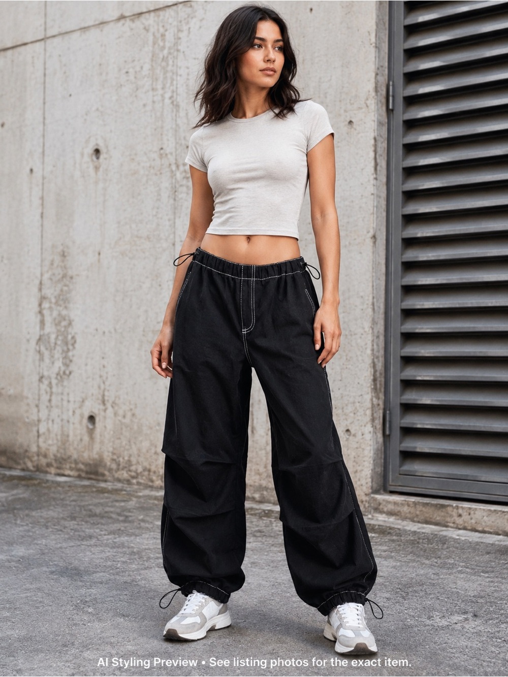 MRP Black Baggy Low Rise Parachute Cargo Pants M Y2K Techwear
